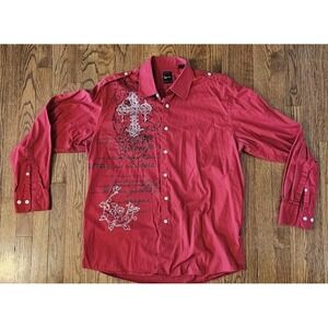 Kani Gold Shirt Size XL Red Graphic Print Studded Silver Cross Long Sleeve